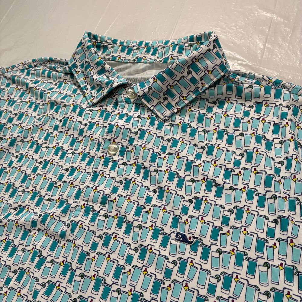 Vineyard Vines Polo Shirt Mens M Blue Performance Cocktail Print Short Sleeve